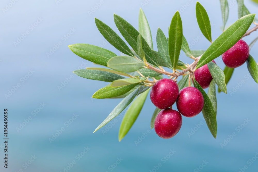 Obraz premium red olives on an olive tree branch with a blue sea background