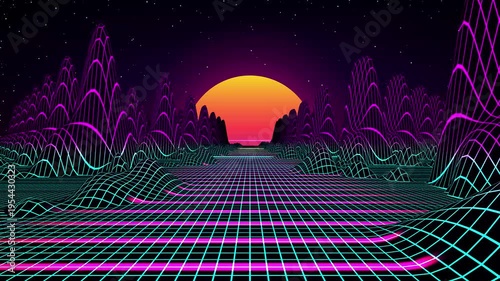 Cinematic Synthwave Neon Sunset Landscape 4K Seamless Loop