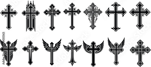 Black silhouette vector illustration set featuring various ornate christian crosses and crucifix symbols with wings for religious church faith and spiritual branding design