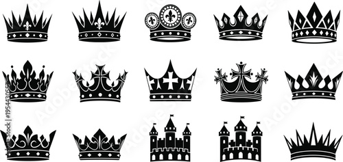Black silhouette vector illustration set featuring various royal crown designs and medieval castle fortresses for heraldry monarchy kingdom and historical branding design projects