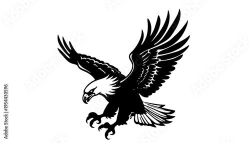 Eagle silhouette icon in black and white with outstretched wings flying