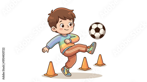 Young boy playing soccer and kicking ball beside orange cones  