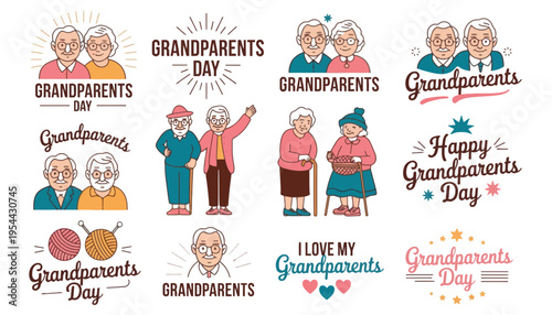Grandparents Day colorful illustration set with happy senior couples and phrases