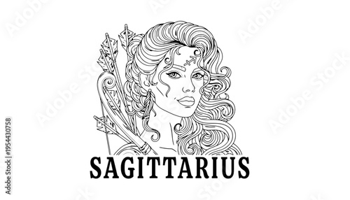 Sagittarius zodiac sign illustration with a beautiful female archer portrait