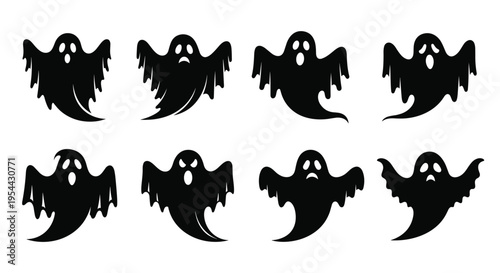 Black silhouette vector illustration set featuring various spooky halloween ghosts with different expressions for horror theme parties seasonal greeting cards and festive branding design