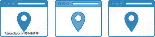 Set of 3 blue location pin icons on browser windows vector for web and app design