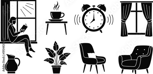 Cozy home interior silhouette icons with woman reading coffee clock window chair plant furniture vector set illustration