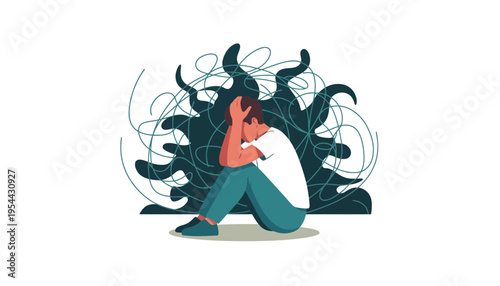 Anxiety illustration of a stressed person sitting on the floor with scribbles