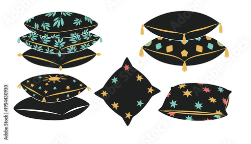 A set of colorful pillow icons with tassels and star patterns