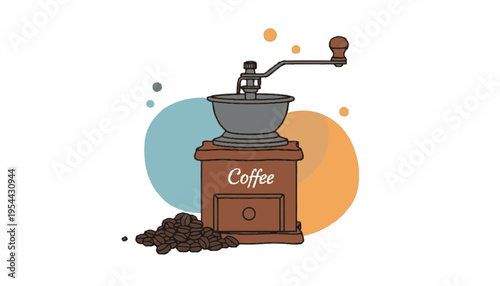 A coffee grinder illustration with coffee beans on a colorful background