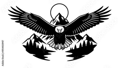 Eagle silhouette illustration with mountain landscape and sun