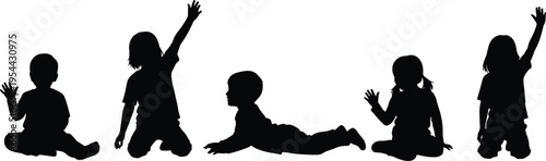 Black silhouette vector illustration set featuring young toddlers sitting crawling and waving for early childhood development preschool education and family lifestyle branding design