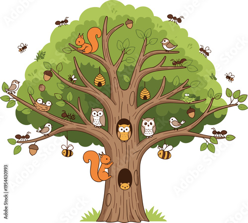 Cute forest tree with animals vector illustration owl squirrel birds bees ants nature kids coloring style