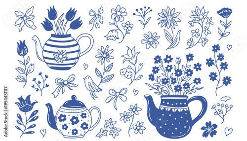 A flower teapot illustration with various floral designs and patterns