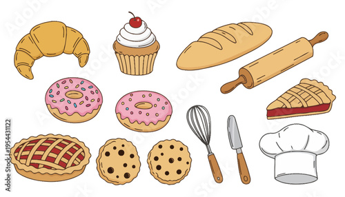 Baked goods illustration including various sweet and savory pastries and desserts