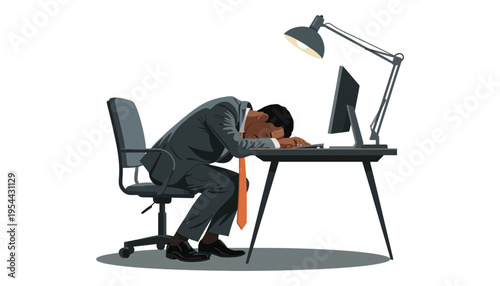 Businessman falls asleep at desk in office with computer and lamp