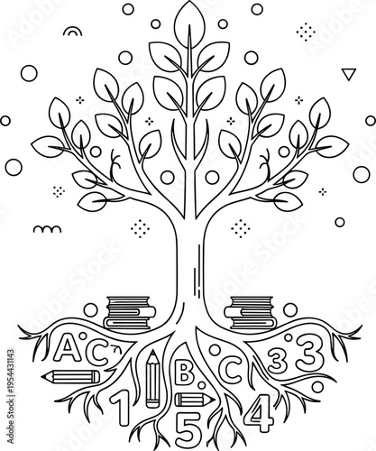 Fotografija Educational tree of knowledge line art vector with books roots numbers letters l