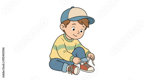 Young boy practicing tying shoelaces while sitting on the ground indoors  