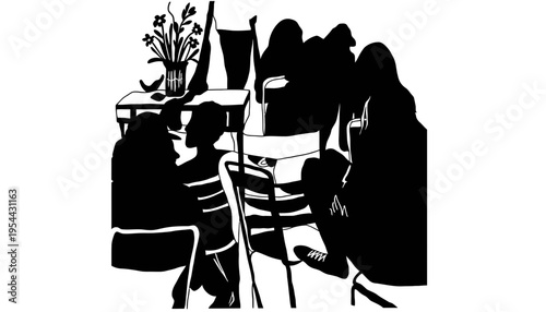 A black silhouette illustration of people sitting at a table