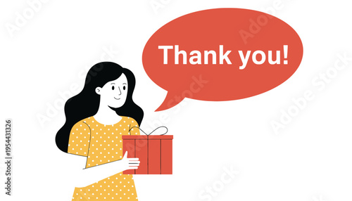 A woman holding a gift box with a thank you speech bubble