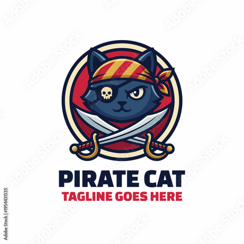 An adorable pirate cat character, stylishly illustrated with a bandana and eye patch, holding swords against a rich backdrop. Represents adventure, fun, and playfulness.
