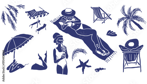 Beach illustration set with people relaxing on the sand and sea