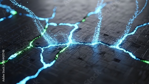 Abstract dark metallic surface with glowing blue and green cracks and energy particles, representing data flow, network connections, or digital breakdown.