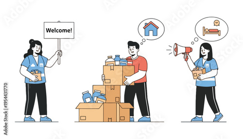 Moving company team helping with house relocation and welcoming clients