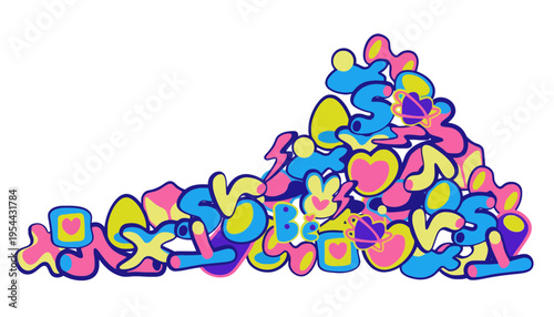 Graffiti letters colorful illustration with hearts and shapes on white background