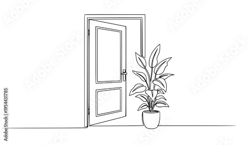 Continuous line open door with houseplant minimalist interior vector line art illustration