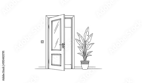 Modern minimalist open door and indoor plant line art interior design vector illustration