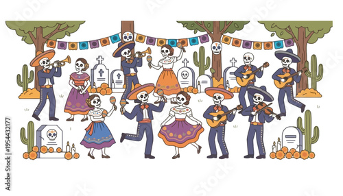 Skeleton Day of the Dead celebration with musicians and dancers outdoors