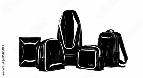 Collection of black leather bags with white outlines on a plain background for design