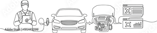 Car diagnostic and maintenance line vector illustration with mechanic engine analysis automotive repair system technology