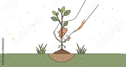 Human hand carefully plants a vibrant green seedling into the earth, symbolizing new beginnings, growth, sustainability, and environmental responsibility.
