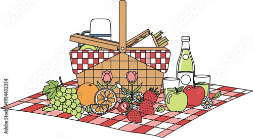 Charming illustration featuring a wicker picnic basket filled with food set upon a classic red and white checkered blanket