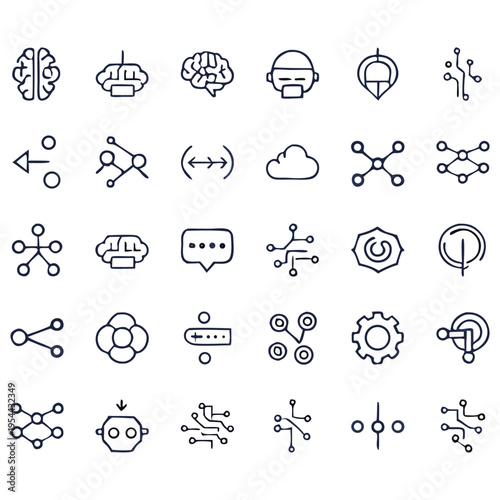 Artificial Intelligence AI Icon Set – Machine Learning, Neural Network, Automation Line Icons
