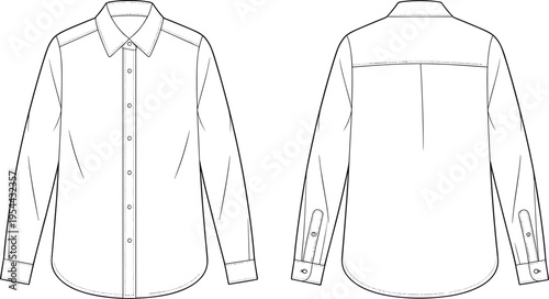 Technical flat sketch vector illustration of a long-sleeve western shirt with pointed yokes and button-flap chest pockets, front and back view for fashion design and apparel templates.
