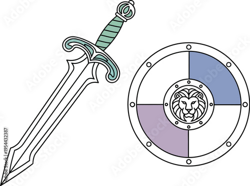 Stylized illustration of a fantasy broadsword and a circular shield featuring a golden lion emblem prominently displayed.
