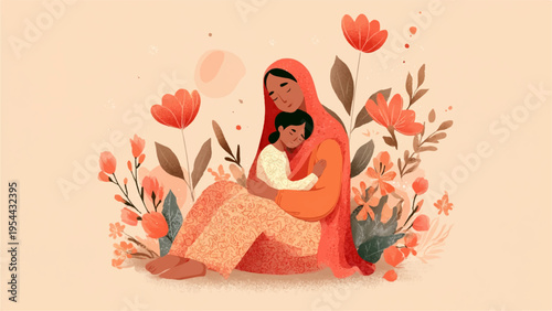 Vector illustration of a woman wearing hijab holding a baby surrounded by flowers