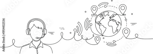 Global customer support communication line vector illustration with operator headset world map connectivity service network