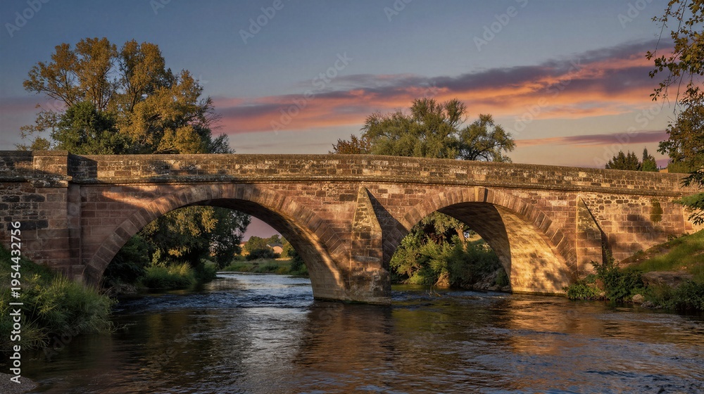 Fototapeta premium A serene stone bridge spans the tranquil river, its multiple arches reflected in the calm waters as golden hour casts a warm glow over the lush forest surroundings.