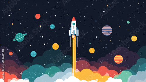 Vector illustration of a rocket launching into space