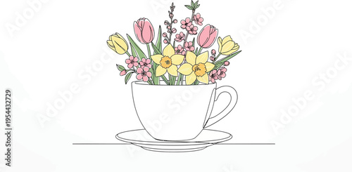Elegant continuous line drawing of a teacup filled with various colorful spring flowers, perfect for modern design and greeting cards.