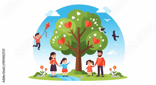 Happy family with children playing under a tree with heart shaped leaves on a sunny day outdoors