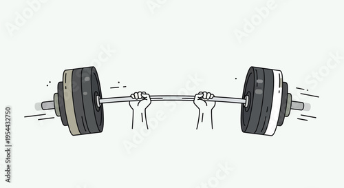 Two cartoon hands strongly grip and lift a heavy barbell with multiple weights, symbolizing strength, effort, and fitness goals in a simple illustration.