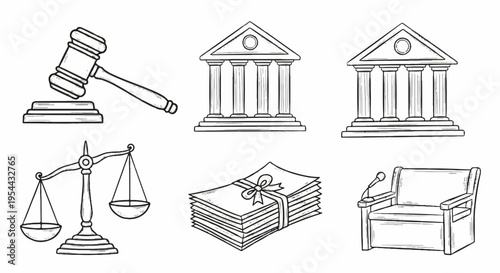 Law and justice symbols including gavel courthouse scales money and judge chair