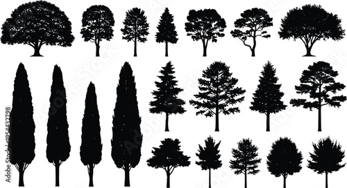 Black silhouette vector set featuring various deciduous and evergreen trees including cypress pine and oak for landscaping forest conservation nature and outdoor environmental branding design