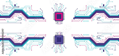 Colorful circuit technology vector set with microchips digital connections futuristic lines and electronic network design illustration
