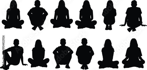 Black silhouette vector set featuring various men and women sitting cross legged and in casual poses for meditation yoga and community social design,